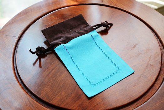 Hemstitch sachet bag, multi color, aqua & brown border - Click Image to Close